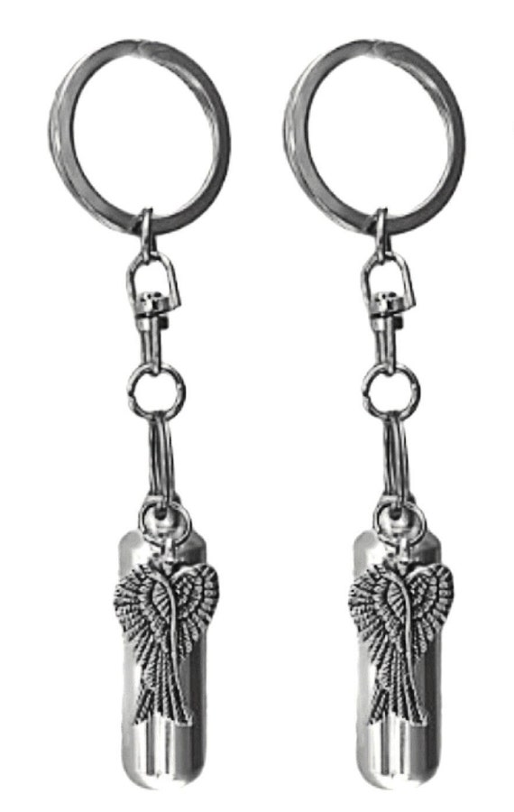 Set of TWO Silver Cremation Urn on Swivel Keychains with Angel Wings, Keepsake Urn, Ashes Keepsake, Child Urn, Pet Urn, Personalized Urn