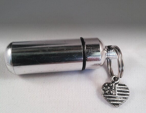 Silver Cremation Urn / holder with Heart Shaped Flag  - Keychain Keepsake -  includes Velvet Pouch & Fill Kit