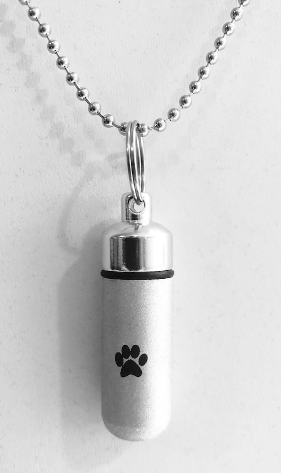 Laser Engraved Simple PAW Brushed Silver CREMATION URN Necklace - with Velvet Pouch, Ball-Chain and Fill Kit