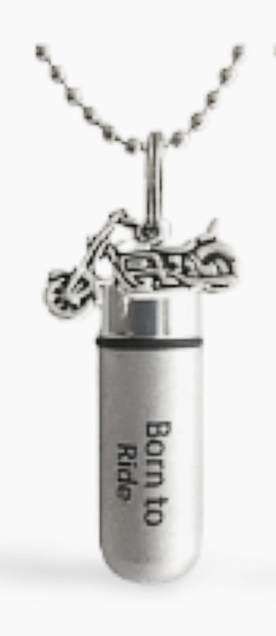 ENGRAVED Brushed Silver Cremation Urn Necklaces "Born To Ride" with Motorcycle - Memorial Jewelry, with Velvet Pouch, Ball-Chain & Fill Kit