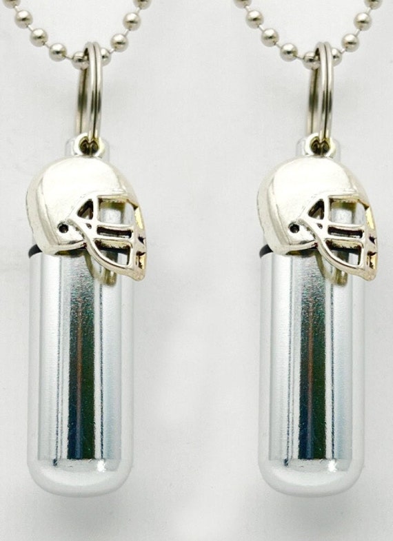 Set of TWO Football Helmet CREMATION URNS on 24" Steel Ball-Chain Necklaces with Two  Velvet Pouches and Fill Kit, Urn for Men, Loss Of Dad