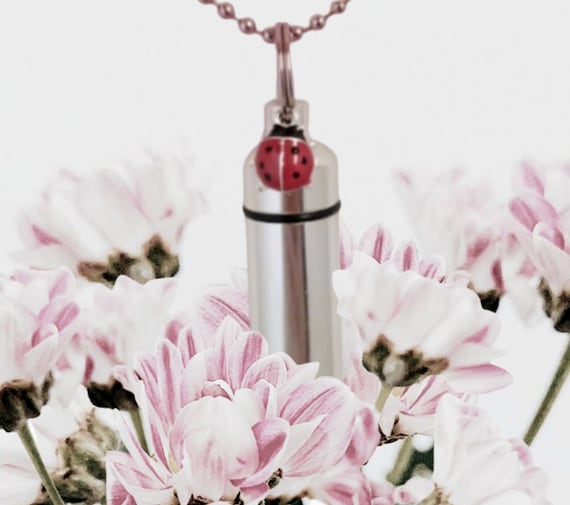 Red LADYBUG Cremation Urn on 24" Ball Chain Necklace - Mourning Jewelry, Ashes, Necklace, Memorial Keepsake, Child Urn, Personalized Urn