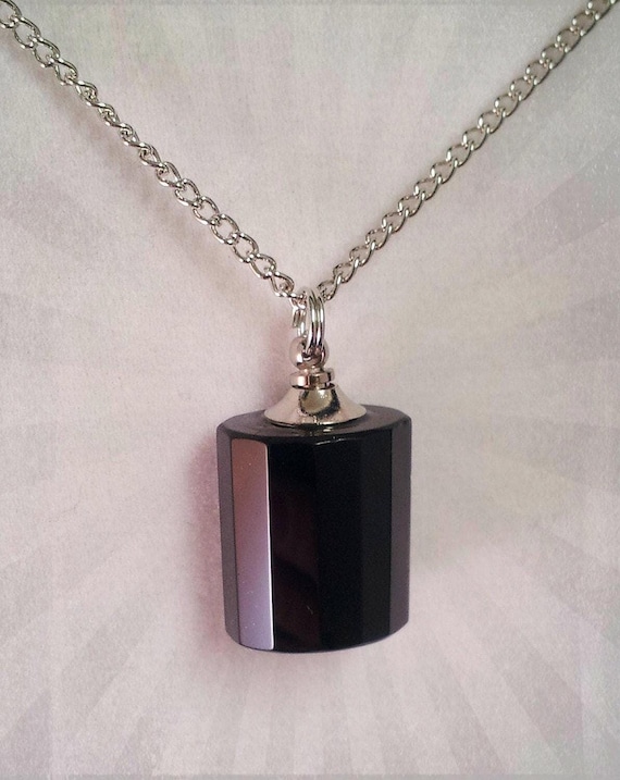 Faceted Black Classic Mourning Stone Crystal CREMATION URN on 24" Silver Necklace   with Velvet Pouch and Fill Kit