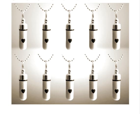 Set of TEN Brushed Silver CREMATION URN Necklaces w/Simple Engraved Hearts - Memorial Jewelry, Loss of Loved One, Optional Engraving.