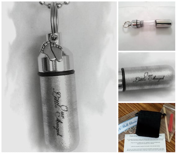 Engraved "Our Little Angel" with Baby Footprints - Cremation Urn Necklace - Hand Assembled with Velvet Pouch & Fill Kit, Child Urn, Baby Urn