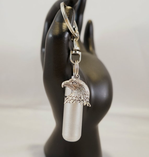 Polished Silver Cremation Urn & Vial with BALD EAGLE Pendant on Stainless Steel Swivel Keyring - Hand Assembled - in  Velvet Pouch