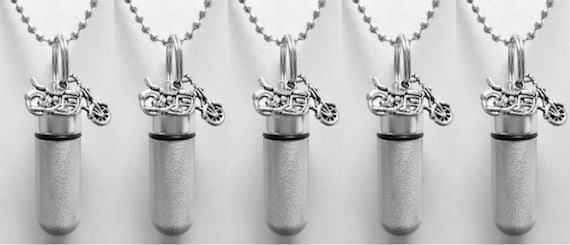 Set of FIVE Brushed Silver Motorcycle ANOINTING OIL Vial/Canisters with 5 Velvet Pouches, 5 Steel Ball-Chain Necklaces & 5 Pipettes