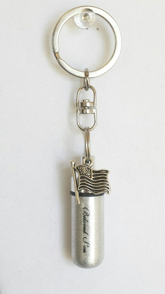 Engraved "Beloved Son" Silver Flag Cremation Urn Keychain - Hand Assembled with Velvet Pouch and Fill Kit, Ashes Keepsake, Mourning Jewelry