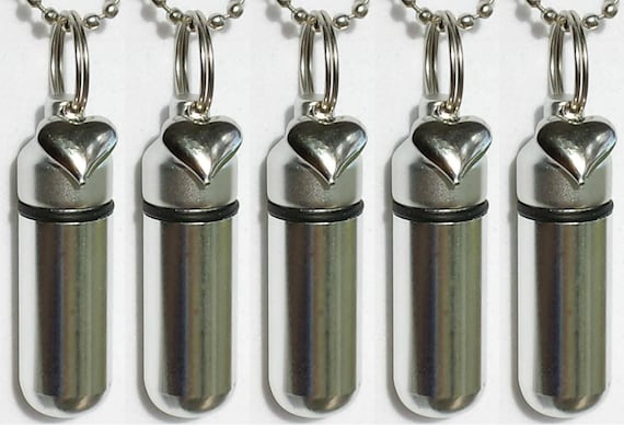 Set of FIVE Silver Heart Anointing Oil Holder Necklaces with 5 Velvet Pouches - Custom Engravable