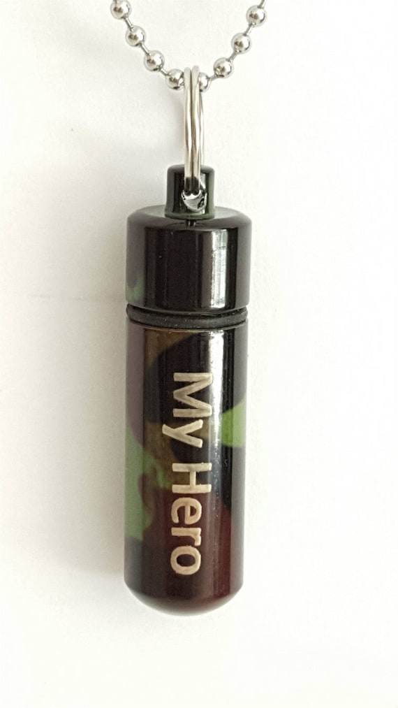 Laser ENGRAVED "My Hero" Camouflage / Camo  CREMATION URN Necklace on 24" Steel Ball Chain - with Velvet Pouch & Fill Kit. Loss of Loved One