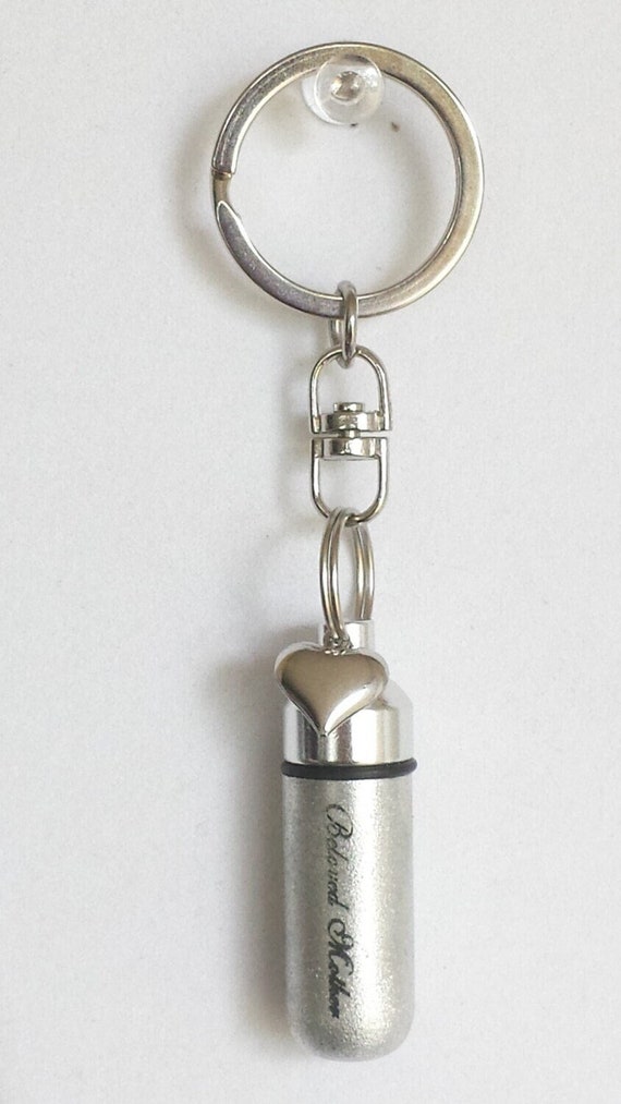 Engraved "Beloved Mother" with SIlver Heart  - Cremation Urn Swivel Keychain - Hand Assembled.... with Velvet Pouch and Fill Kit