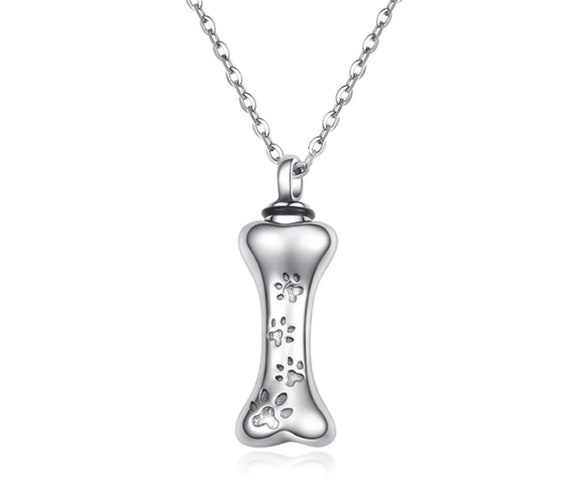 Stainless Steel Vertical Dog Bone CREMATION URN on Curb-Chain Necklace with Four Engraved Paws - Pet Urn, Dog Urn, Ashes Jewelry, Dog Loss