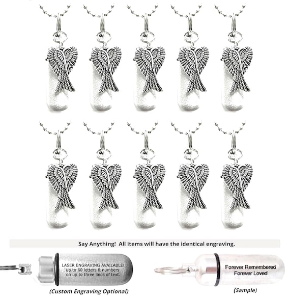 TEN Angel Wings Cremation Urn Necklaces, Brushed Silver, Minimalist, Memorial Jewelry, Engraving Optional