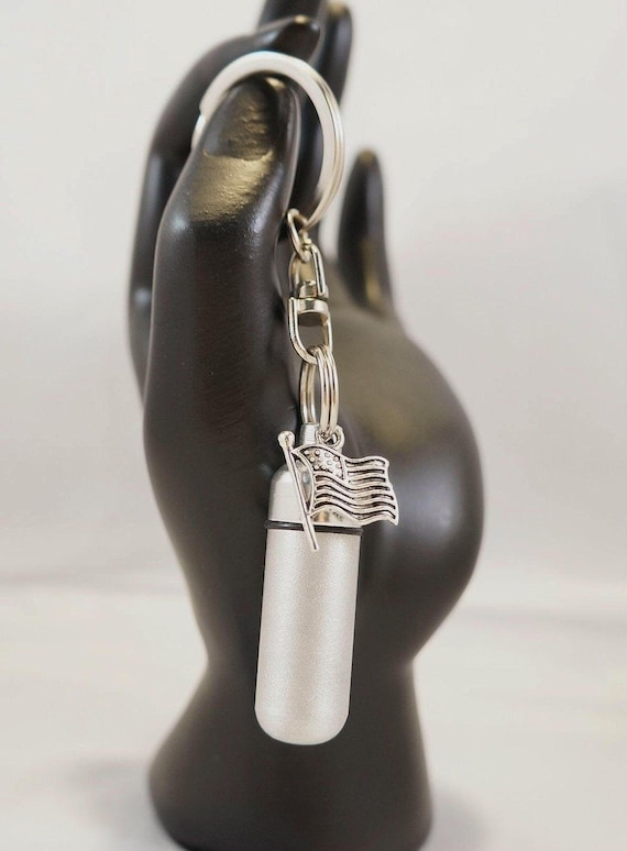 Brushed Silver Cremation Urn with USA FLAG Pendant on Swivel Keyring, Custom Engravable