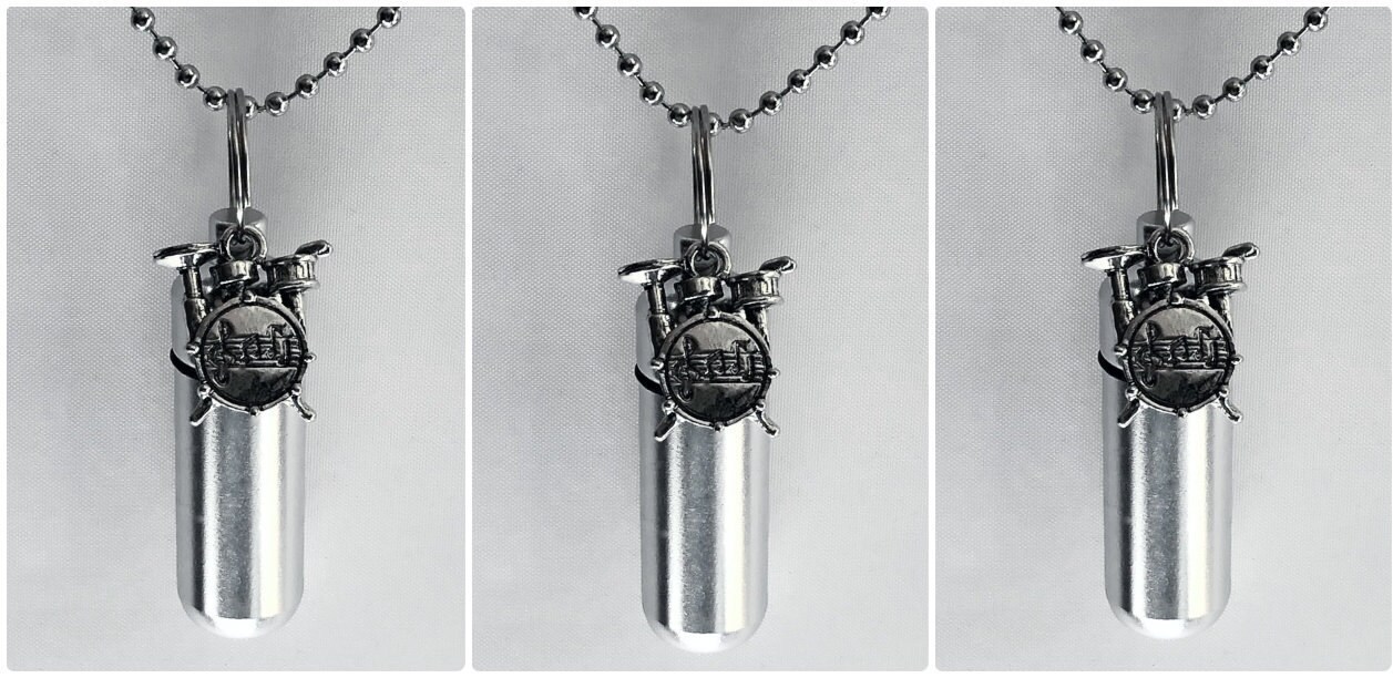 Set of THREE Silver Musical Drums CREMATION URN Necklace Keepsakes with