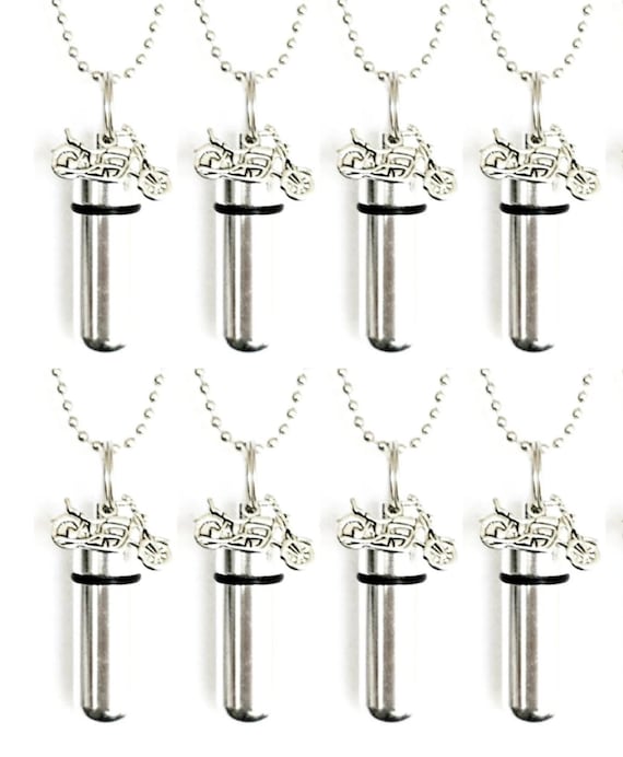 Set of EIGHT Polished Silver MOTORCYCLE URN Necklace Keepsakes, Ashes Urn, Memorial Jewelry, Mourning Jewelry, Personalized Urn