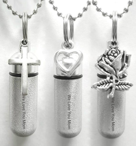 THREE Engraved Cremation Urns "We Love You Mom"  Silver with Rose, Open Heart & Simple Cross - Memorial Keepsakes