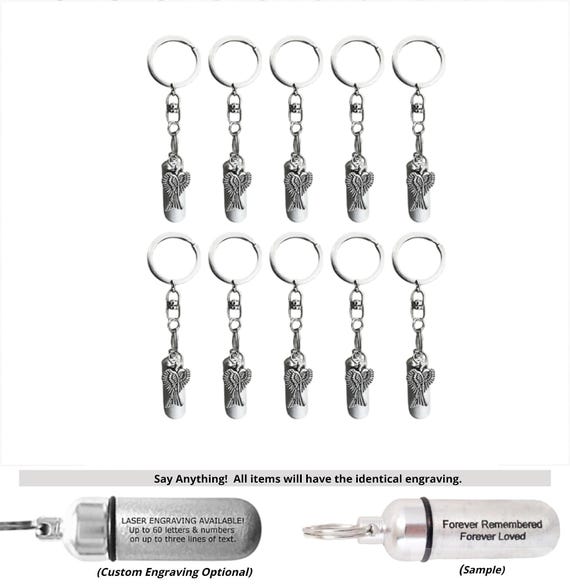 TEN Silver Cremation Urn on Swivel Keychains with Angel Wings - Mourning Keepsake, Child Urn, Pet Urn, Urn for Human Ashes, Personalized Urn