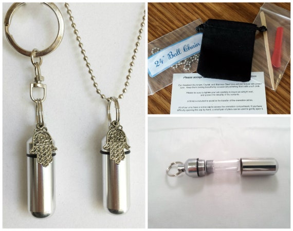 Hand Of God / Hamsa  2pc. Special Set - Cremation Urn Necklace & Keychain Urn and Velvet Pouches