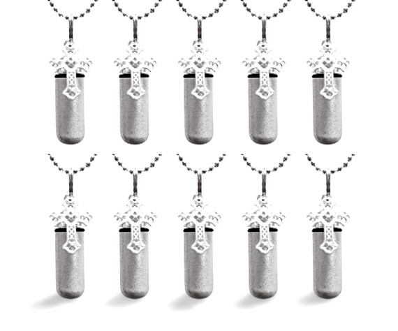 TEN Brushed Silver CREMATION URN Necklaces with Lace Crosses, includes Engraved Hearts - Urn Jewelry, Urn For Human Ashes, Custom Engraving