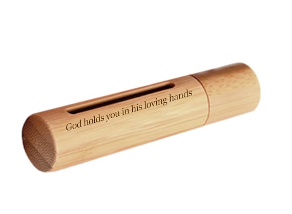 New ENGRAVED "God holds you in his loving hands"  Sandalwood Cremation Urn / Scattering Tube w/Window - Fits Pocket or Purse, TSA Compliant