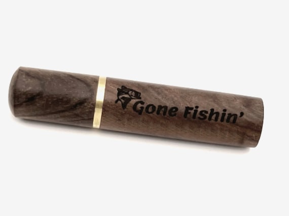 New Engraved GONE FISHIN'  Natural Walnut Cremation Urn / Scattering Tube - Fits in Pocket/Purse, Perfect for Travel, TSA Compliant w/Pouch