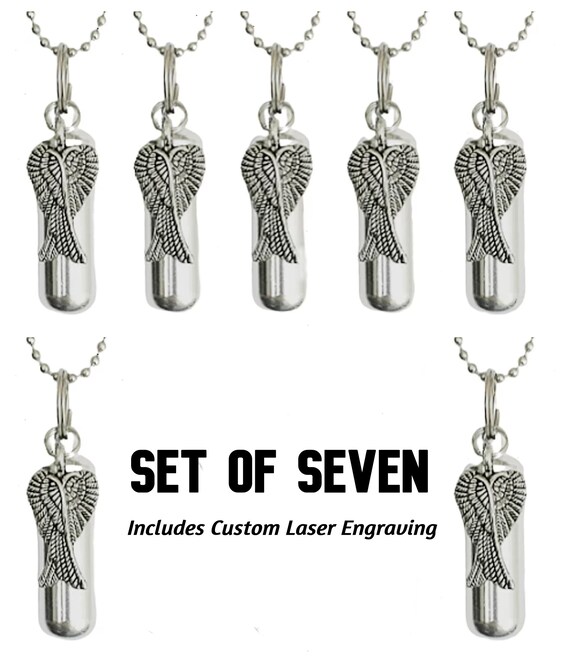 Set of Seven Custom Engraved CREMATION URN NECKLACES, Polished Silver with Angel Wings - Urn Jewelry, Memorial Jewelry, Urn for Human Ashes