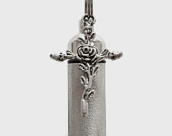 Beautiful Hand Brushed Silver Rose Cross Anointing Oil Holder - Includes Black Velvet Pouch, 24" Ball Chain Necklace, Baptism, Healing