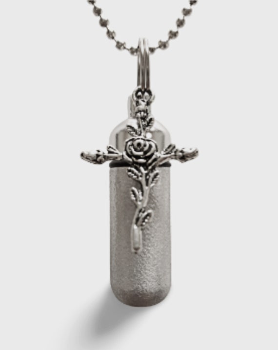 Beautiful Brushed Silver Rose Cross Anointing Oil Holder - Includes Black Velvet Pouch, 24" Ball Chain Necklace