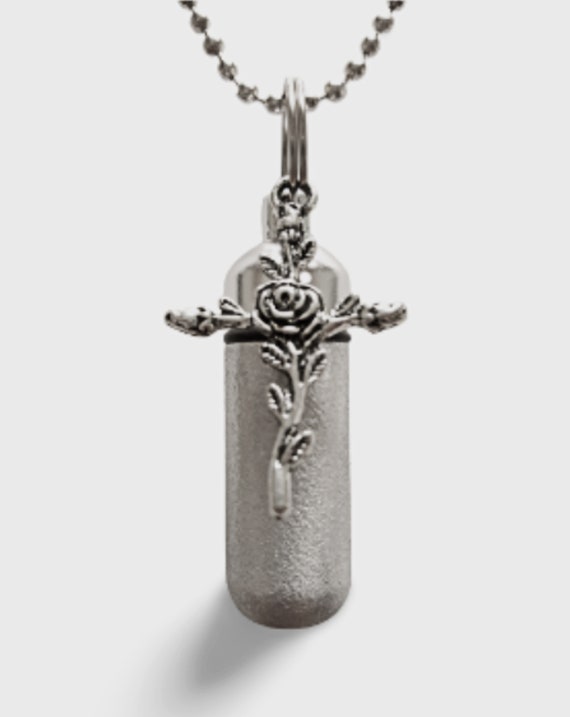 Beautiful Hand Brushed Silver Rose Cross Anointing Oil Holder - Includes Black Velvet Pouch, 24" Ball Chain Necklace, Baptism, Healing