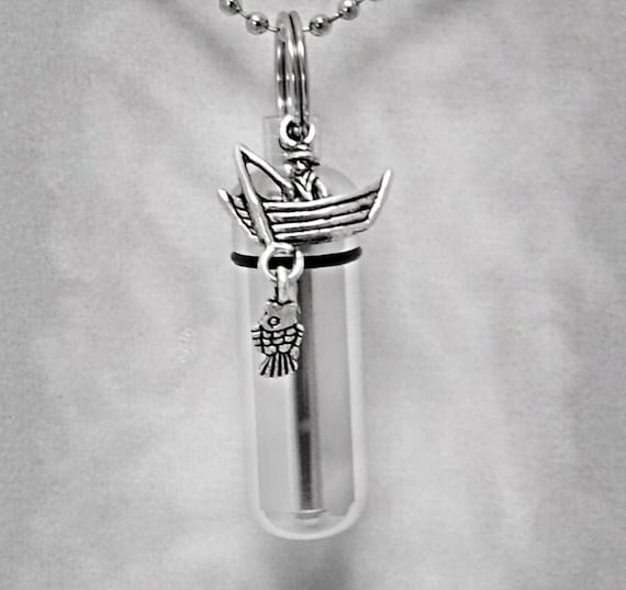 Set Silver Fisherman in Boat - Cremation Urn on 24" Necklace - Hand Assembled with Velvet Pouch and Fill Kit, Memorial Jewelry
