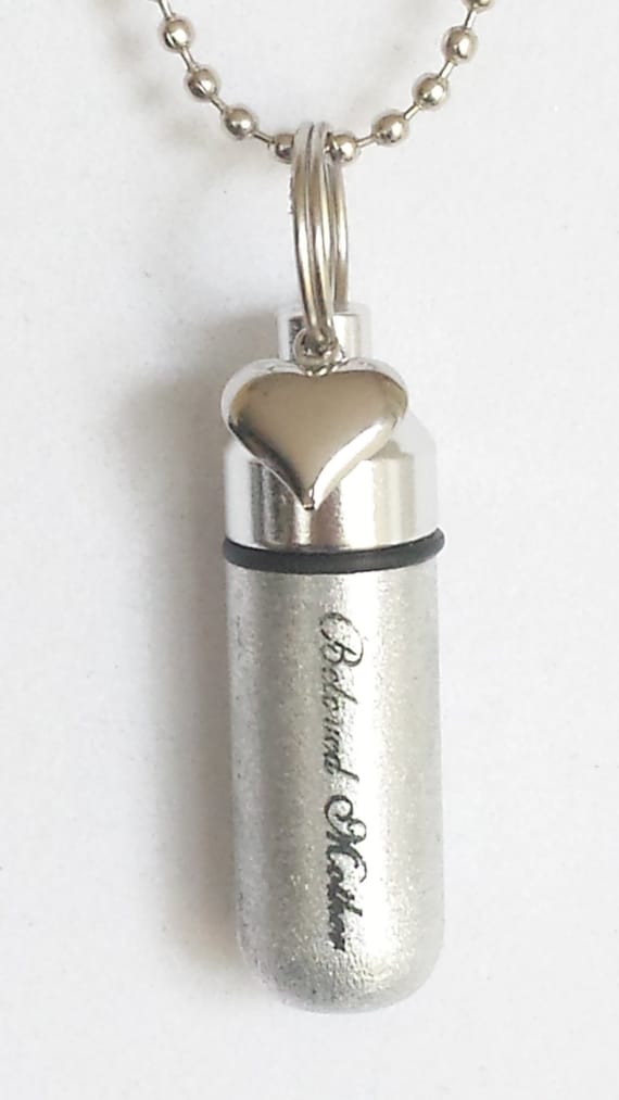 Engraved "Beloved Mother" with Silver Heart  - Brushed Sliver Cremation Urn Necklace - Hand Assembled with Velvet Pouch and Fill Kit