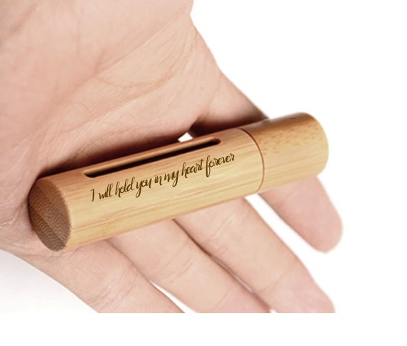 New ENGRAVED "I will hold you in my heart forever" Sandalwood Cremation Urn / Scattering Tube w/Window - Fits Pocket or Purse, TSA Compliant