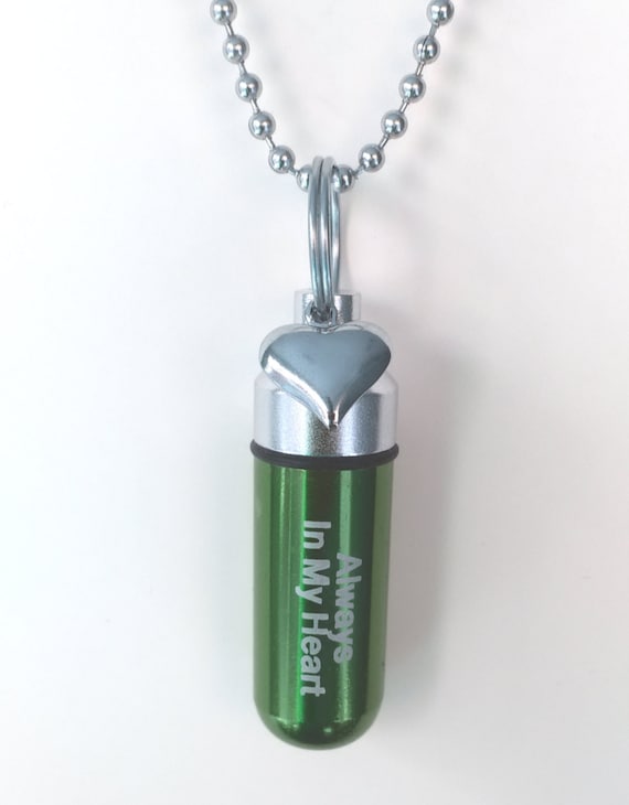 Green Engraved "Always In My Heart" Silver Heart  Cremation Urn Necklace, Child Urn, Pet Urn, Ashes Keepsake, with Velvet Pouch and Fill Kit