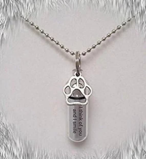 Lovely Brushed Silver, PET CREMATION URN - Laser Engraved  "I think of you and I smile" Includes 24" Steel Necklace, Velvet Pouch & Fill Kit