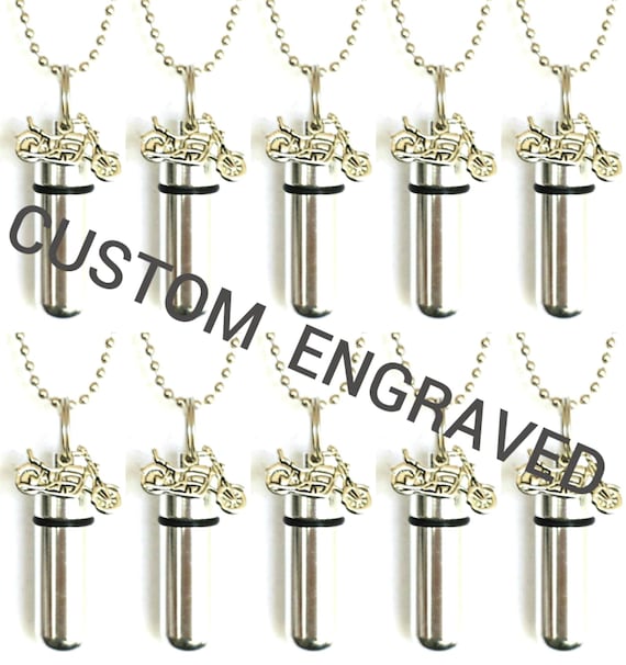 Set of TEN Custom Engraved Silver Motorcycle CREMATION URN Necklaces - Memorial Jewelry, Ashes Urn, Mourning Jewelry, Urn For Human Ashes
