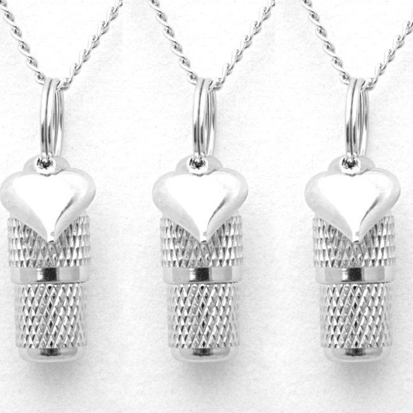 Set of THREE Mini Pet Cremation Urns on Curb Chain Necklaces  with Silver Heart - Hand Assembled -  With Velvet Pouches and Fill Kit