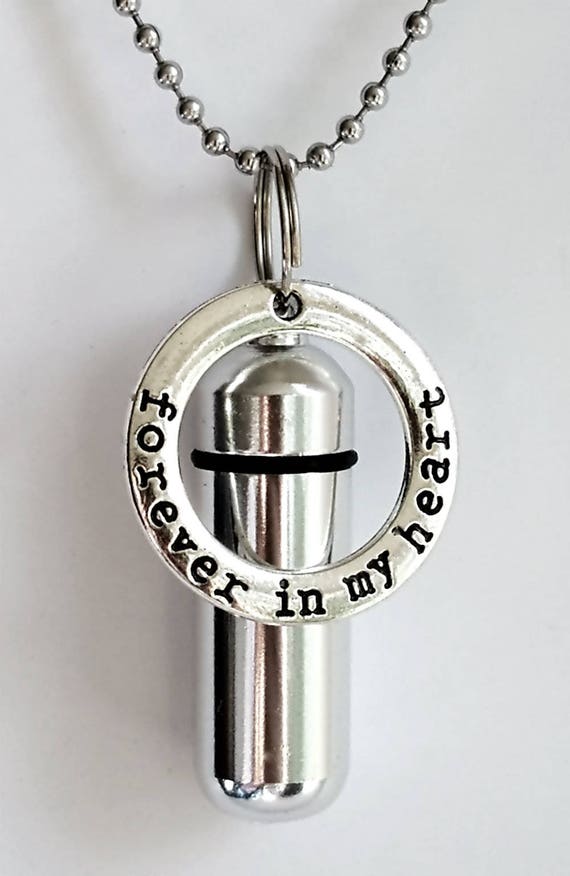 Personal CREMATION URN NECKLACE with "Forever In My Heart" Charm Ring - Includes Velvet Pouch, 24" Steel Ball Chain, Fill Kit