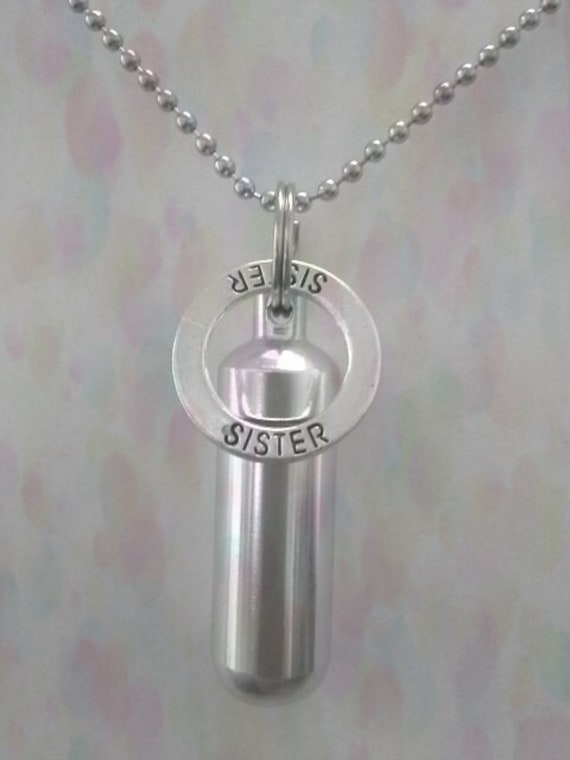 Silver Cremation Urn & holder on 24" Silver Necklace with SISTER Pendant - Hand Assembled.... with Velvet Pouch and Fill Kit