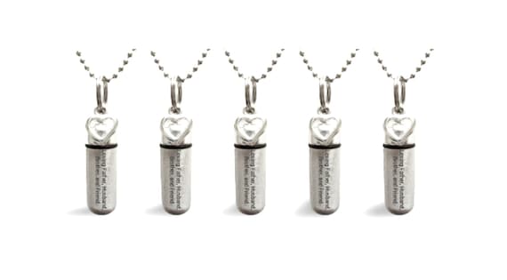 Set of 5 ENGRAVED Brushed Silver CREMATION URN Necklaces "Loving Father Husband Brother and Friend" w/Open Hearts, Velvet Pouches & Fill-Kit