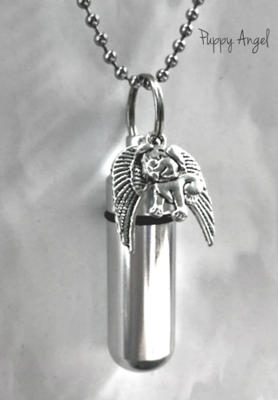 Adorable Silver Cremation Urn with Puppy Dog Angel Pendant on 24" Ball Chain Necklace with Velvet Pouch and Fill Kit - CUSTOM ENGRAVABLE