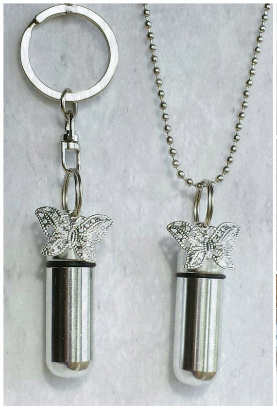 Lace Butterfly 2pc. Special Set - Cremation Urn Necklace & Keychain Urn with Velvet Pouches and Fill Kit