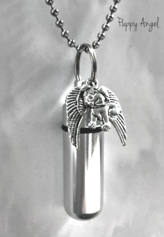 Cremation Urn with Puppy Dog Angel Necklace on 24" Ball Chain with Velvet Pouch & Fill Kit - CUSTOM ENGRAVABLE