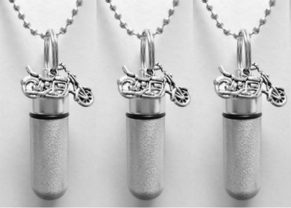 Set of 3 Brushed Silver Motorcycle ANOINTING OIL Holder with 3 Velvet Pouches, 3 Steel Ball-Chain Necklaces