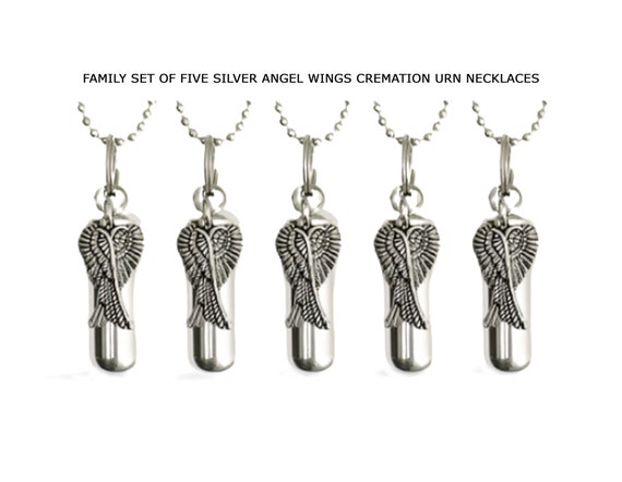 ENGRAVING INCLUDED!  Set of FIVE Silver Cremation Urn Necklaces with Large Angel Wings - Memorial Jewelry, Ashes Keepsake, Sympathy Gift