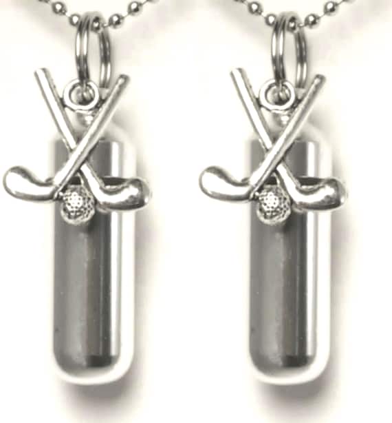 Set of TWO Silver CREMATION URN Necklace Keepsakes with Golf Clubs - Ashes Necklace, Mourning Jewelry, Mourning Keepsake, Personalized Urn