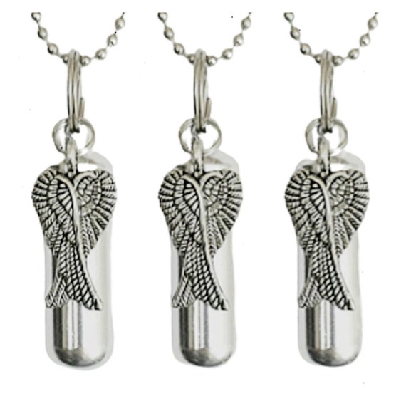 Set of 3 Polished Silver Angel Wings ANOINTING OIL Holder with 3 Velvet Pouches, 3 Steel Ball-Chain Necklaces