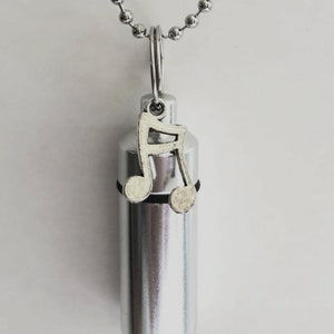 May include: A silver necklace with a silver music note charm and a silver cylindrical pendant.