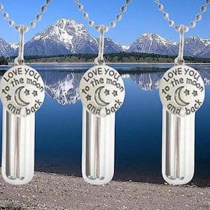 May include: Five silver-colored pendant necklaces with a cylindrical vial design. Each pendant has a circular charm with the text "Love you to the moon and back" around a crescent moon and stars. The background shows a lake and mountains.