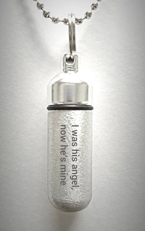 Engraved "I was his angel, now he's mine" Brushed Silver CREMATION URN Necklace -  Hand Crafted - with Velvet Pouch and Fill Kit
